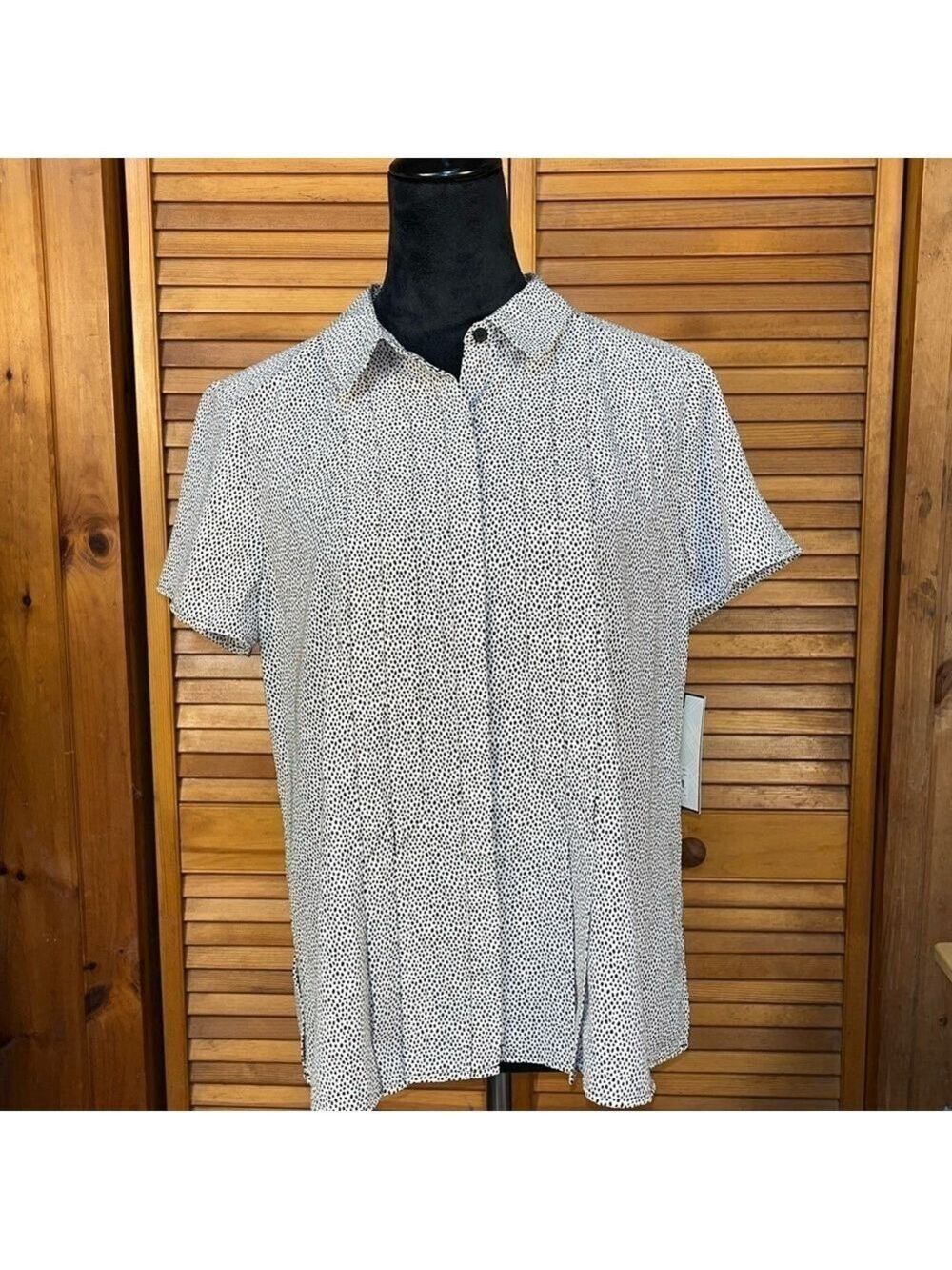 Dana Buchman Womens Black Polkadot Short Sleeve Button Up Collard Shirt Size L